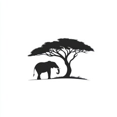 Elephant silhouette under acacia tree, savanna background, wildlife print