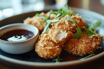 Crispy fried chicken nuggets with dipping sauce garnished with fresh green herbs in a close up view