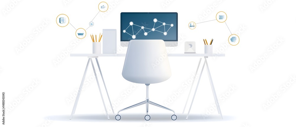 Poster a computer desk with a white chair and a computer monitor