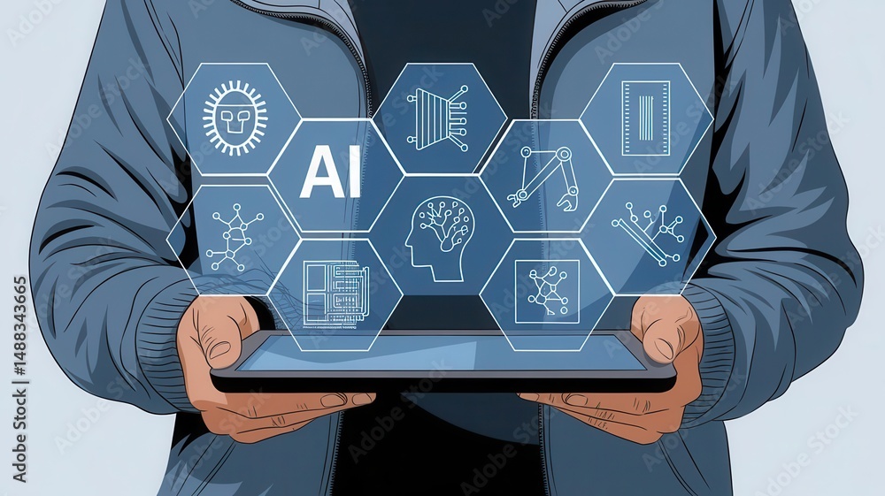 Poster artificial intelligence integration on tablet device interface concept