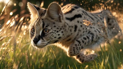 Fototapeta premium A spotted serval cat crouches in tall grass, preparing to pounce, in the golden light of the sun