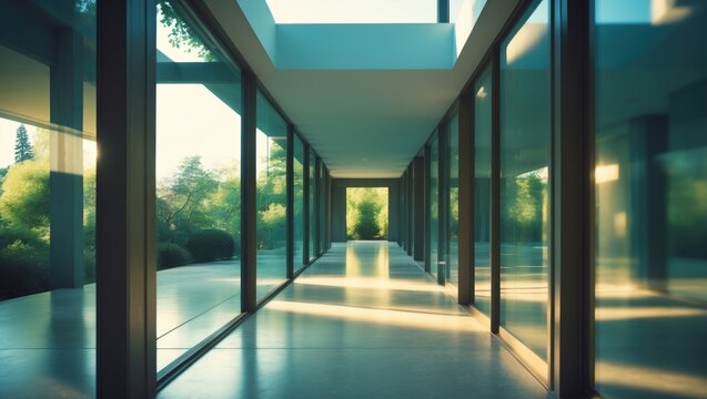 This image showcases a blurred background of a contemporary hallway with expansive glass windows that allow in natural light, highlighting a design that embodies elegant simplicity and tranquility.
