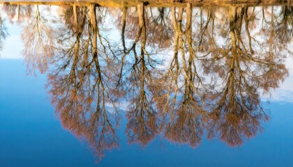 Obraz premium Reflections of bare trees in calm water tranquil lake nature photography serene environment wide-angle view