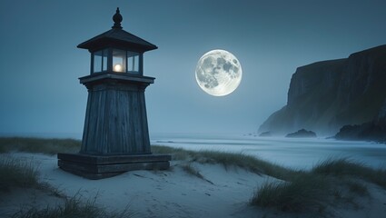 Ancient beacon atop a coastal dune, historically a magical site, close to a river's mouth and perilous sea cliffs during a foggy full moon night.
