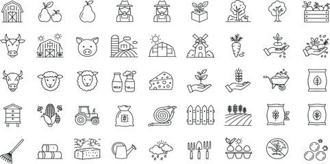 Farming Line Editable Icons set. Vector illustration in modern thin line style of agriculture related icons: farm products, animals, equipment, and more.