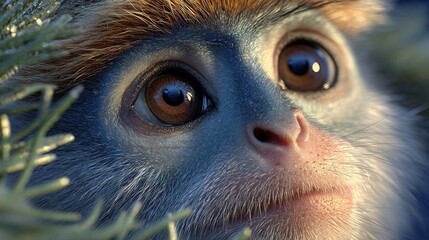 Close-up of big eyes of monkey in jungle