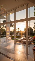 Modern Luxury Villa Interior with Sunset View and Outdoor Garden Lounge