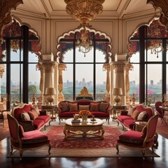 Luxurious Royal Living Room with Indo-Islamic Architecture and Panoramic City View
