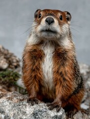 Fototapeta premium A groundhog standing on top of a rock looking up at the camera