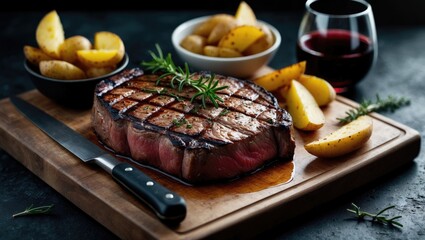 Medium rare T-Bone Steak grilled with potato wedges and wine presented on a serving board