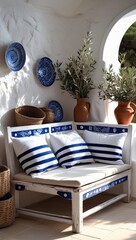 Mediterranean Style Patio Corner with Blue Accents and Rustic Decor Elements