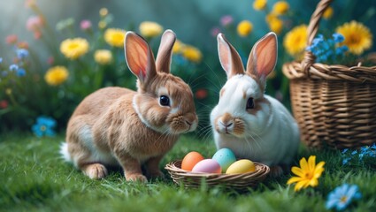 Happy rabbit in a natural garden setting with a basket of decorated Easter eggs, symbolizing holiday joy and springtime renewal.