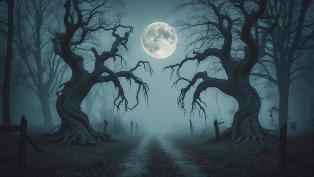 Halloween theme - Creepy tree. Eerie backdrop featuring woods and a creepy tree. Area for your festive message.