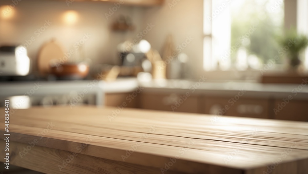 Poster modern kitchen background out of focus with an empty table board. idea for product display and picni