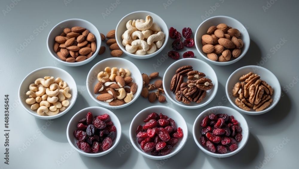Poster assorted dried fruits and nuts set on table with flat lay