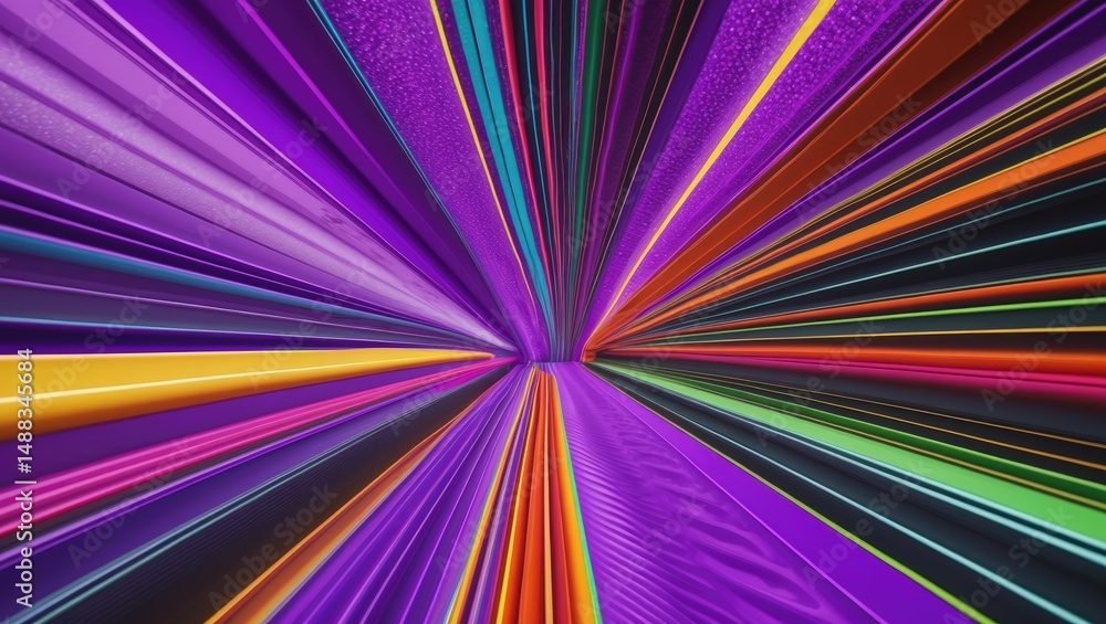 Poster violet background featuring fractal lines and colorful stripes.