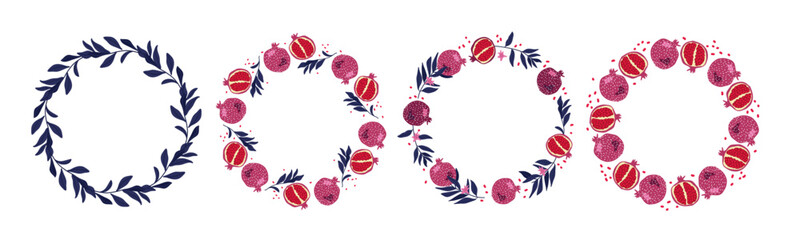 Pomegranate round frame set. Round frames with red purple pomegranates, blue tree branches, fruits isolated frames with copy space. Summer Background with fruits for menu, banner, label, invitation.