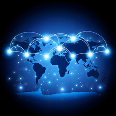 Global network connection, digital world map, illuminated nodes, dark blue background, website banner