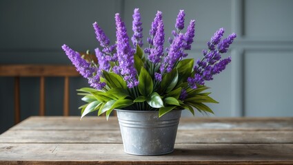 A miniature, artificial lavender shrub in a white planter, tastefully displayed on a table