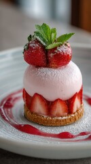 Small cake with strawberries and mint on a white plate.