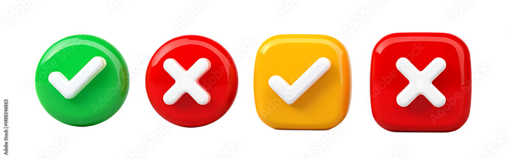 Aufkleber set of 3d green checkmark and red cross icons - validation approval error concept, isolated on trans