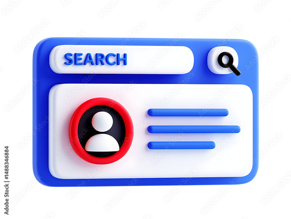 Poster 3d browser window with profile icon and search bar - online identity concept, isolated on transparen