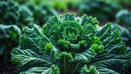 Cultivating curly kale and green cabbage on a farm in the fields with a deep green natural backdrop and selective focus.