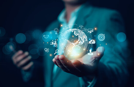Hands showing the world of digital marketing, business concept, technology, international market, global internet connection, big data, business technology, finance, internet global, internet,	
 - Powered by Adobe