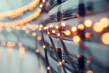 Data center server units with orange blurred bokeh lights creating an abstract background