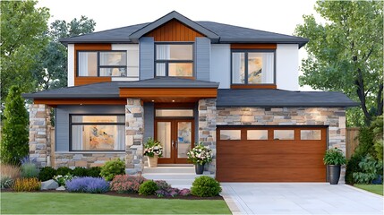 Realistic Watercolor Modern House Exterior Design with Stone and Wood Elements