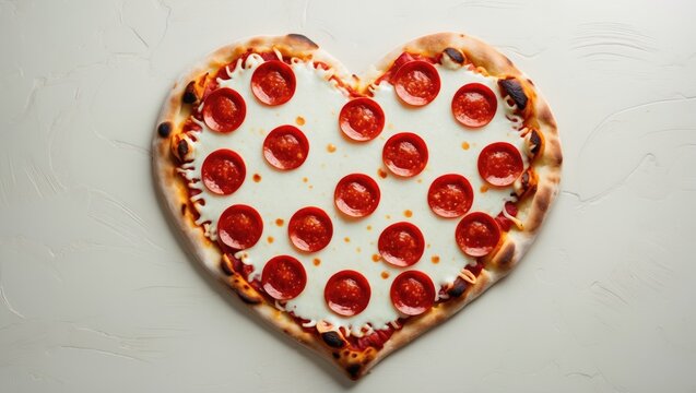 Pizza in the shape of a heart. Symbol of love. Traditional thin crust topped with mozzarella and pepperoni.