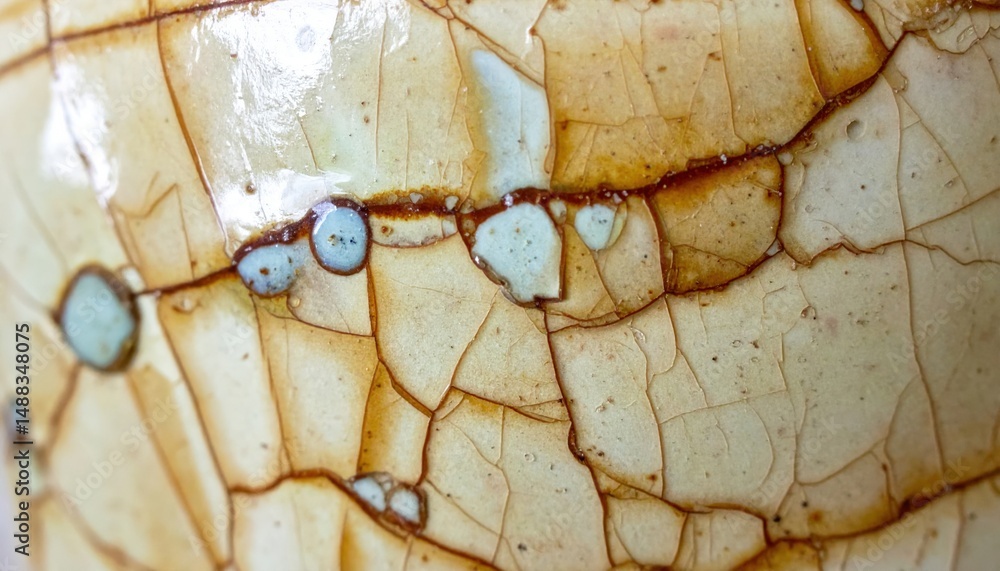 Poster examining cracked ceramic surface close-up shot studio setting macro view texture exploration
