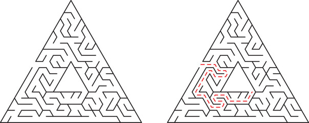 Fototapeta premium Two triangular mazes one unsolved and the other displaying a solved path in red color
