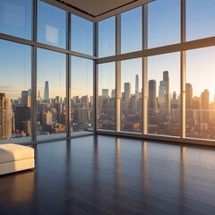 Luxury High-Rise Apartment with Panoramic City Skyline Views at Sunset