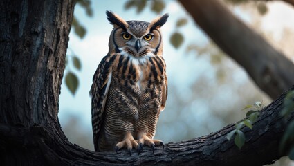 Fototapeta premium Great horned owl resting on a tree