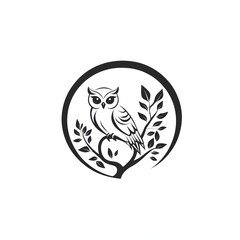 Fototapeta premium Owl perched on branch, leaves, circle, nature, logo