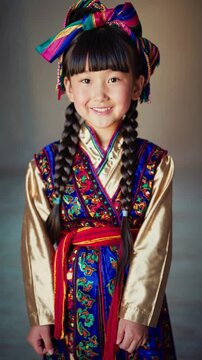 Jeune fille souriante en tenue traditionnelle mongole color&eacute;e

