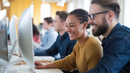 Diverse team working collaboratively on computers in a modern office space