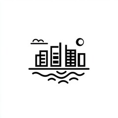 Cityscape night scene, waterfront buildings, moon, clouds.  Website icon