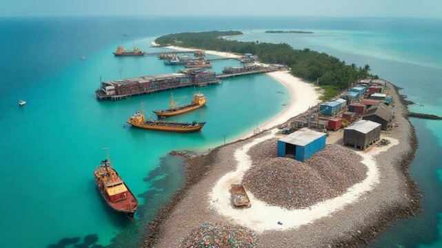 Harbor and toxic dump, waste sorting on island in Maldives. Drone view of pollution