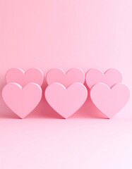 Pink hearts arranged in a row on a soft pink background, evoking feelings of love and affection