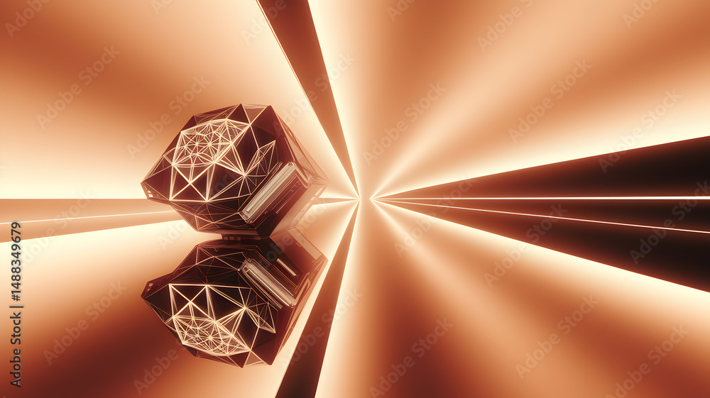 Poster geometric prism in abstract tunnel: an intriguing, geometric prism floats within an illuminated, abs
