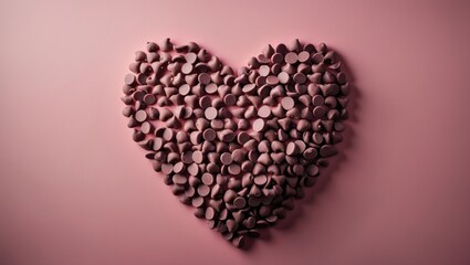 Sweet heart-shaped chocolate chip on pink background symbolizing love and candy