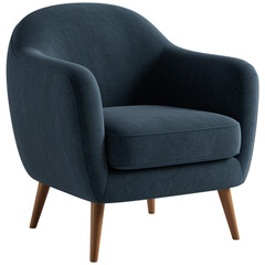 Blue upholstered armchair with wooden legs isolated on a transparent background