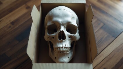 Wooden floor backdrop with a box holding a human skull