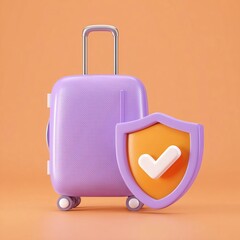 Obraz premium A vibrant purple suitcase with a protective shield symbolizing travel safety against a warm background