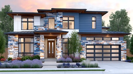 Fototapeta premium Realistic Watercolor Rendition of a Modern Home with Stylish Exterior Design