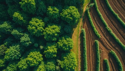 Bird's-eye perspective of a woodland adjacent to farmland, featuring a clear division between tree canopies and a field of crops. A glimpse of the rural agricultural landscape.
