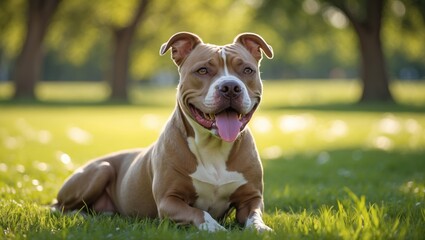 Happy Pitbull dog in the park.