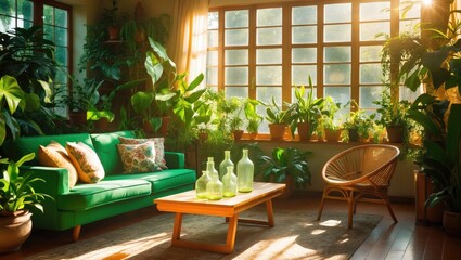 Fototapeta premium Lovely bright living space adorned with a trendy sofa and multiple houseplants